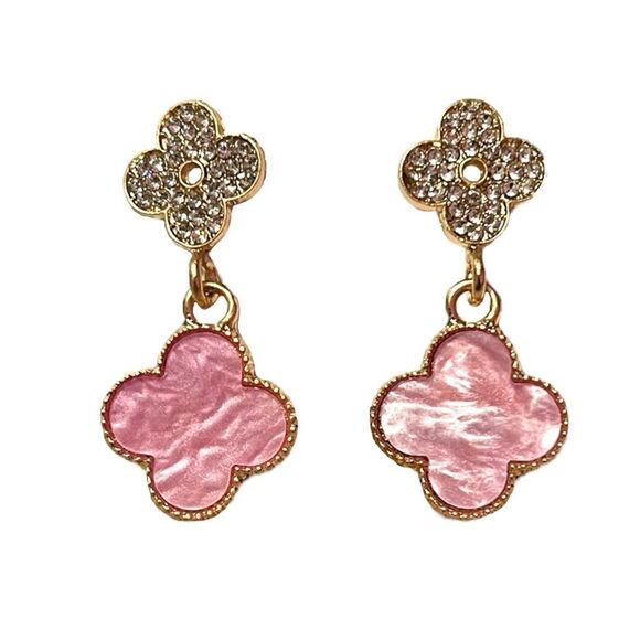 Jewelry - Designer Inspired Elegant Pink Clover Crystal Gold Tone Dangle Earrings